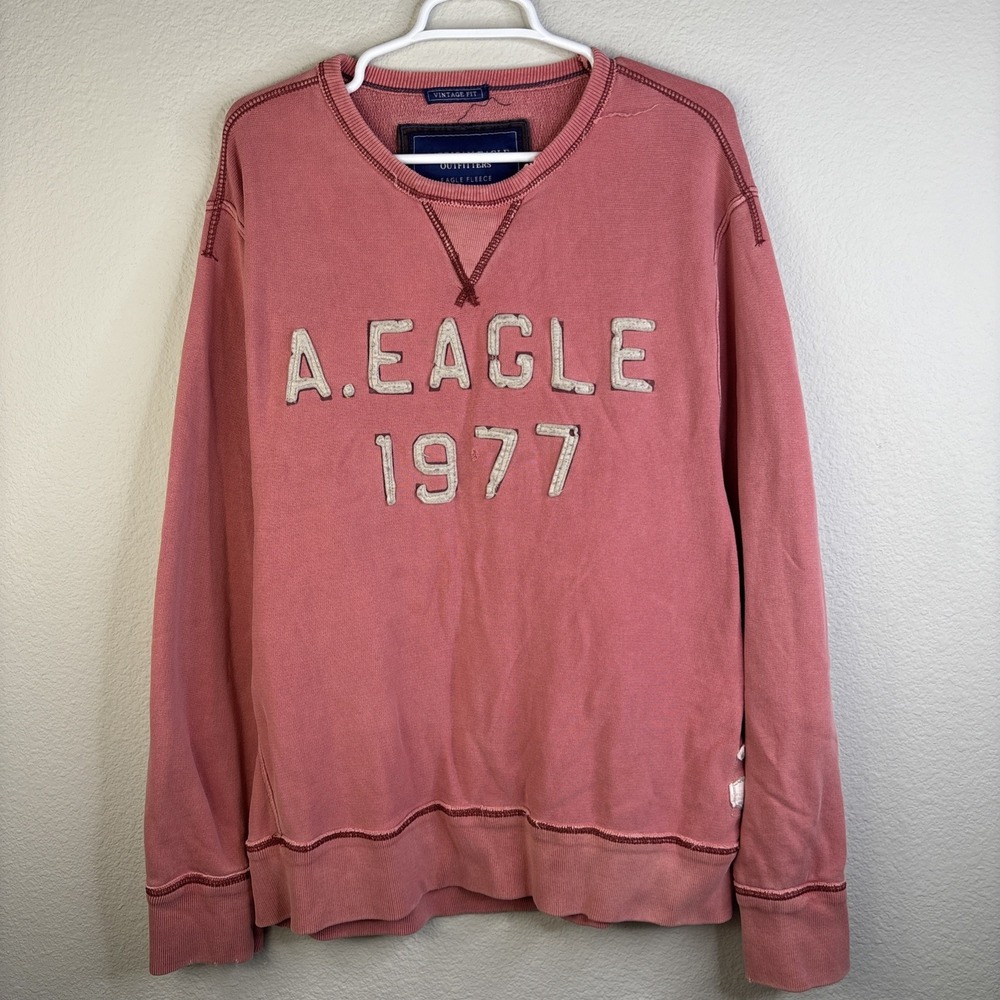 American Eagle Fleece Sweatshirt Red Coral Puff Print Distressed Faded Vtg fit L